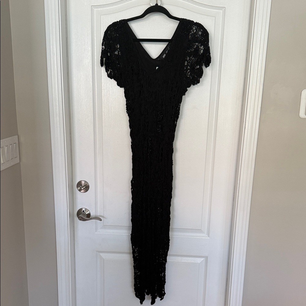 Black Crochet Maxi Dress Boho Beach Resort Lined V Neck Size S NWT